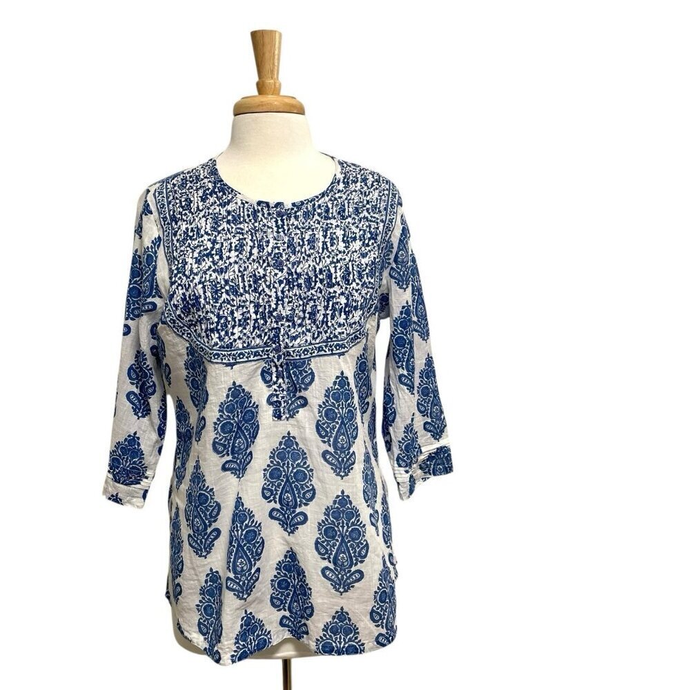 Anokhi Block Printed Indigo 3/4 Sleeve Blouse Top Blue White size Large